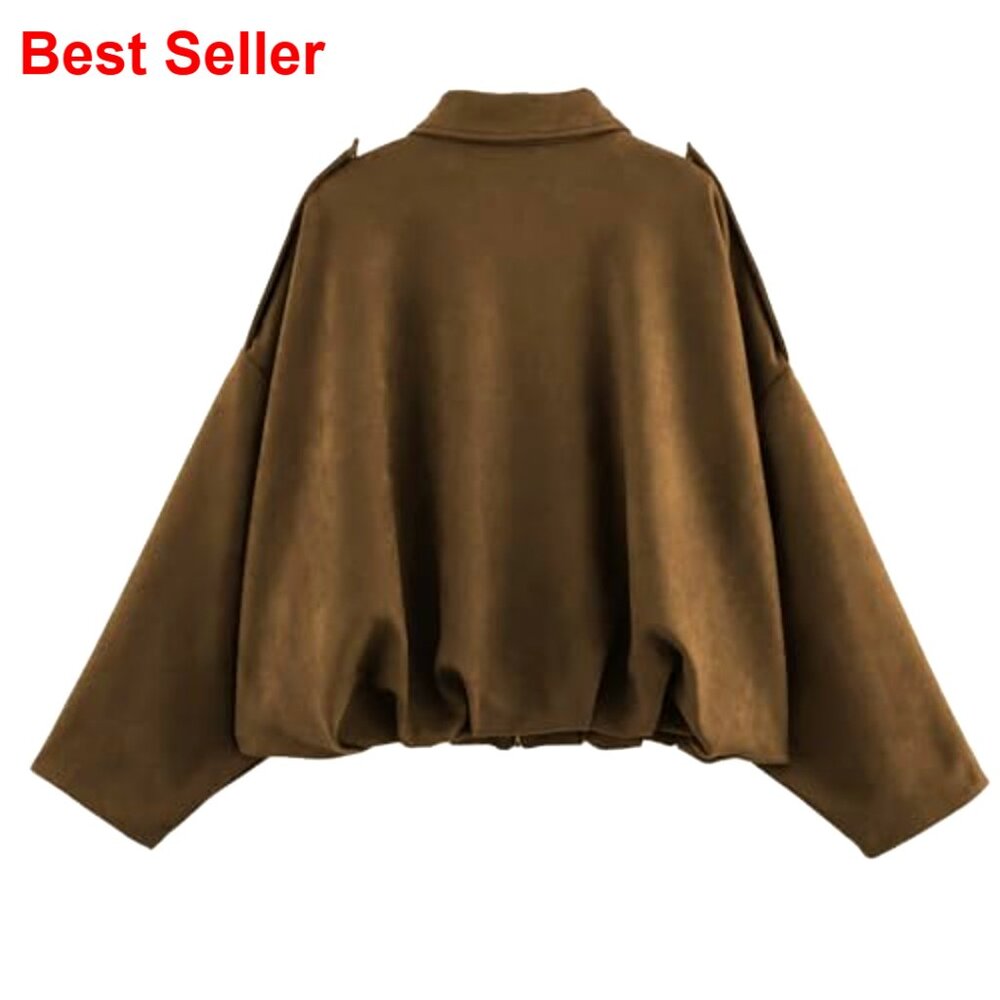 Faux Suede Bomber Jacket Oversized Streetwear Casual Long Sleeve - Picture 4 of 7